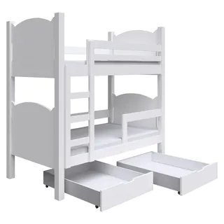 Masseno Etagenbett LEONE 80x180 cm mit Schublade, Rausfallschutz, Kinderbett mit Leiter für Mädchen und Jungs, Stockbett, Weiß - Weiß