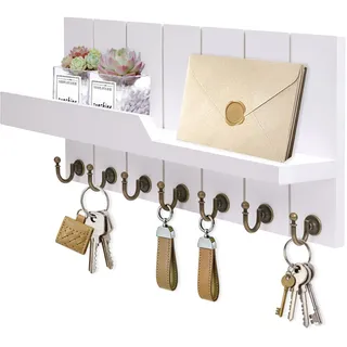 Kldgris Schlüsselbrett mit Ablage, Moderne Schlüsselhalter/Schlüsselboard und 7 Haken Schlüsselbrett Holz für Eingang, Flur, Schlafzimmer, Wohnzimmer (Weiß)