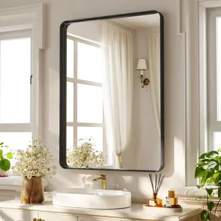Koonmi rechteckiger Wandspiegel mit tiefem Rahmen 75 x 55 cm, Schwarz | Badspiegel mit abgerundeten Ecken, horizontal oder vertikal montierbar für Bad, Schlafzimmer, Wohnzimmer und Flur