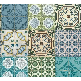 A.S. Création Vliestapete Authentic Walls 2 Tapete in portugiesischer Fliesen Optik fotorealistisch 10,05 m x 0,53 m blau gelb grün Made in Germany 364851 36485-1