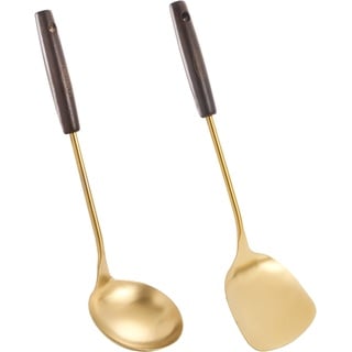 FJNATINH Wok Spatula und Schöpfkelle Wok Utensilien, 14-14.8 Zoll Wok Pfannenwender,Edelstahl Golden Wok Kelle Set