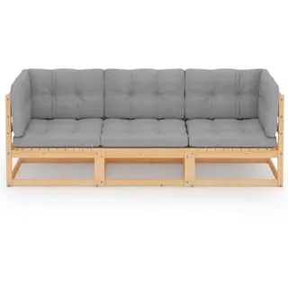 vidaXL 3-Sitzer-Gartensofa mit Kissen Kiefer Massivholz - Grau