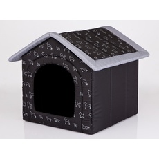 HobbyDog Hundehaus Hundehütte für mittelgroße Hunde - Katzenhaus, Katzenhöhle - mit herausnehmbarem Dach - Tierhaus für Katzen und Hunde für Drinnen/Indoor 52 x 46 x 53 cm [L] Schwarz mit Hundemuster