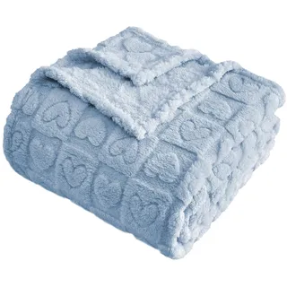 FY FIBER HOUSE Überwurfdecke mit Herz-Karo-Muster, weich, warm, waschbar, leicht, flauschig, für Couch, Bett, alle Jahreszeiten, Hellblau, 150 x 205 cm
