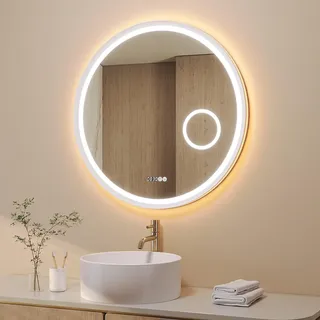 AQUABATOS Badspiegel mit Beleuchtung Rund 80 cm Aluminium Rahmen Schrägdesign weiß matt Kosmetikspiegel direkte und indirekte LED-Beleuchtung Uhr Antibeschlag Touch dimmbar für Wandschalter