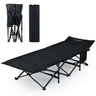 FANTASK Feldbett, klappbares Campingbett mit Baumwollfüllung, Klappbett belastbar bis 180 kg mit Seitentasche, mobiles Gästebett, Campingliege für Outdoor, Indoor
