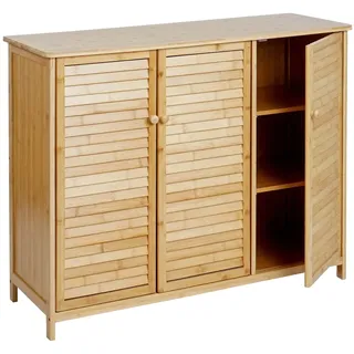 Mendler Badezimmerschrank HWC-B18, Badschrank Regal Badregal Kommode, 3 Türen Bambus 81x97x34cm