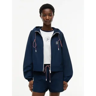 Windbreaker TOMMY HILFIGER "NYLON WINDBREAKER CO-ORD", Damen, Gr. XL (46), blau (schwarz night navy), Web, Obermaterial: 100% Polyester, unifarben, regular fit hüftlang, Rundhals, eingesetzt elastischer Bund, Jacken Windbreaker, aus pflegeleichter Kunstfaser mit Kapuze