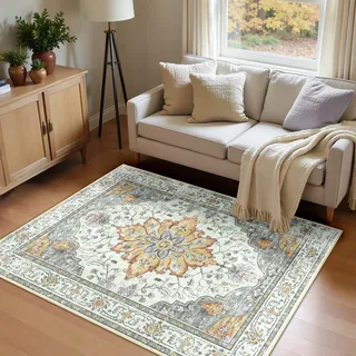 INOVADAY Vintage Waschbarer Teppich Wohnzimmer 120x180 cm Boho Kurzflor rutschfest Teppich Weich Teppiche mit Druckmuster für Schlafzimmer, Esszimmer, Büro Gelb/Grau/Orange/Lila