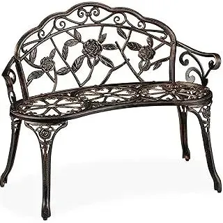Gartenbank, 2 Sitzer, Rosen, Terrasse, Balkon, Alu & Gusseisen, antike Sitzbank, HBT: 78 x 99 x 52 cm, Bronze