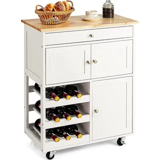 COSTWAY Küchenwagen, Servierwagen mit Holzplatte, Kücheninselwagen mit 1 Schublade, 3 Reihen Weinregale, 2 Schränke, rollender Lagerwagen, - Weiß