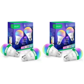 NOUS P3 Smarte WIFI Glühbirne RGB E27, Kompatibel mit Matter, Alexa, Home Assistant & Apple HomeKit, Smart Home, Fernbedienung, LED Lampe Farbwechsel, RGB Glühbirne, 2.4 GHz WiFi (Packung mit 2)