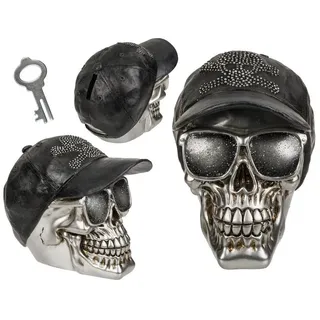 Out of the Blue Spardose mit Schloss, Totenkopf mit Basecap, ca. 16 x 13 cm, aus Polyresin, Silber