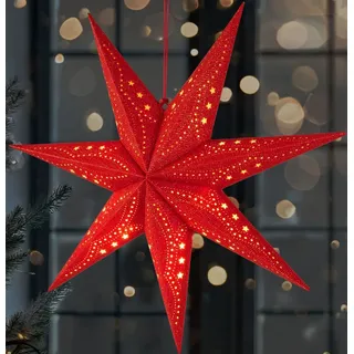 Brubaker 3D Weihnachtsstern zum Aufhängen - LED Papierstern mit Timer - 60 cm Adventsstern Batteriebetrieben Rot