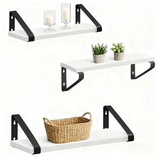 Relaxdays Wandregal, 3er Set, 3 Größen: 30, 35, 40 cm Breite, Holzoptik & Metall, Wandbretter für Bücher & Deko, weiß