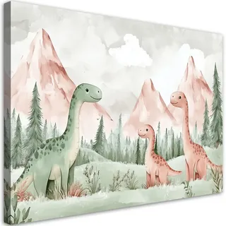 Feeby Wandbild für kinderzimmer dinosaurier berge grüner wald , Grün , Textil , Märchen/ Fantasie , Rechteckig , 100x70 cm , Bilder & Rahmen, Bilder, Leinwandbilder