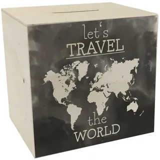 Spardose aus Holz mit Weltkarten Motiv und Text - Let's travel The World in Schwarz Spardose aus Holz mit Wasserfarbenmotiv und schönem Design um auf eine Weltreise oder den
