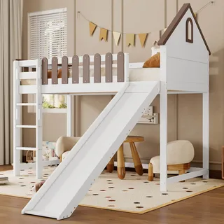 okwish Hochbett Jugendbett Kinderbett,90x200cm,Mit Dach und Fenster, Mit dreistufiger gerader Leiter, mit Rutsche, Kiefer+MDF,Weiß+Walnuss,mit Matratze - Weiß