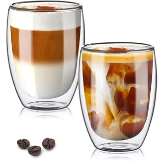 TKNO Doppelwandige Glas-Kaffeetassen, 2 Stück, hohl, vakuumversiegelt, Cappuccino-Latte-Macchiato-Gläser, handgefertigt, hitzebeständig, mikrowellengeeignet, 350 ml Tasse