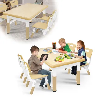 Sessamen-LP Kindertisch 4 Stühlen Set, Plastik Schreibtisch Spieltisch Kinderzimmer Möbel, Höhenverstellbar Kinder Tisch Stuhl Set, Sitzgruppe Innen für Kleinkinder, Mädchen und Jungen, Holz