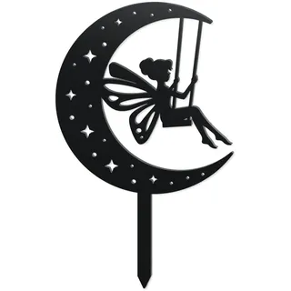 WADORN Dekorative Gartenstecker Aus Metall de Mondfee, Lustige Mondengel Schaukel Metall Silhouette Statuen Feengarten Ornament Geschenke Schwarze Hof Kunst Dekor Für Außenbereich Hinterhof Terrasse