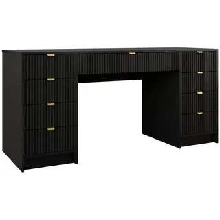 Mirjan24 Schreibtisch Tireno Bis, Schlafzimmer Kosmetiktisch mit neun Schubladen, Goldfarben Aluminiumgriffe (Farbe: Schwarz Molet) - Schwarz