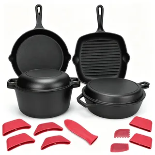 GFTIME Gusseisen Kochgeschirr Set 6-teilig mit 5 QT Dutch Oven & Deckel, 3,2 QT Schmortopf mit 1,6 QT Pfannen-Deckel, 28 cm Grillpfanne, 30,5 cm Bratpfanne, für Herd, Backofen, Grill & Camping