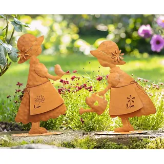 2x Garten Dekofigur "Mädchen" aus Metall in Rost Optik, Gartenfigur, Rostdeko, Gartendeko für Draußen - Braun