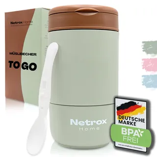 NetroxHome - Müslibecher To Go mit Löffel, Auslaufsicherer Joghurtbecher To Go aus Edelstahl, Lunchbox, Müslibecher - To Go Becher für Müsli, Joghurt, Porridge, Suppen - Müsli To Go Becher - Kinder