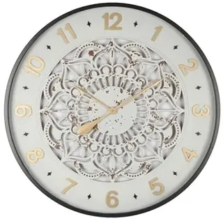 DRW Runde Wanduhr mit Mandala aus Holz und Glas in weiß gebeizt und Gold, 80 x 80 x 6 cm