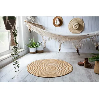 Barbara Becker runder Teppich Jute Baumwolle, Ethno Boho Style, flach, handgeflochten, Naturteppich für Wohnzimmer Schlafzimmer, Farbe:Natur, Größe:80 x 80 cm