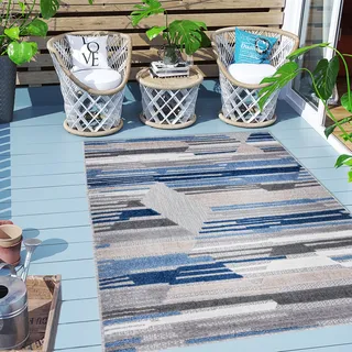 Carpeto Rugs Geometrisch In- & Outdoor Teppich Wetterfest für Balkon, Terasse - Balkon Teppich Wasserfest - Outdoorteppich Wetterfest - Aussenteppich Terrasse Groß - Blau Grau 1 - 160 x 230 cm - Blau