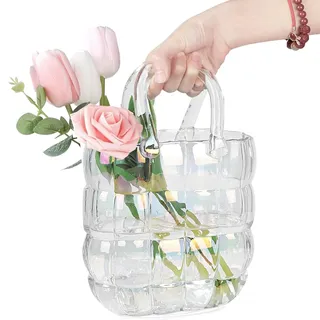 Duscdesp Vase Glas Handtasche Groß, Klare Vasen Bunt Handgemachte Blumenvase, Dekorative Glasvase Gross Vase Aesthetic, Tasche Glasvasen mit Griff für Langstielige Blumen, Obst, Kleine Fische