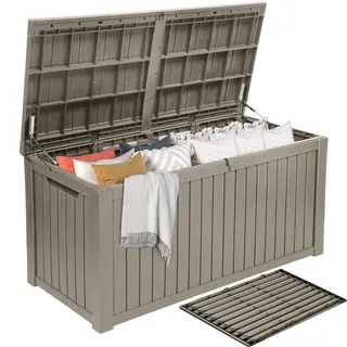 DWVO 680L Extra Große Gartenbox aus Resin, Wasserdichte Aufbewahrungsbox mit herausnehmbarem Trennsteg für Terrasse, Garten, Pool & Werkzeuge – Hellbraun