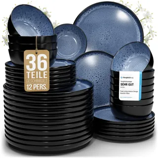 Steingut Geschirrset 12 Personen Ibiza 36 tlg. TESTSIEGER, Traumhaftes Mediterranes Steingut Geschirr Set, Schüssel- und Teller Set, Tafelservice 12 Personen, Geschirrsets Pure Living in Tiefblau