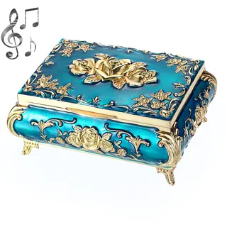 SUMTree Vintage Music Box - Metal Musical Jewelry Box Keepsake Box Weiss Schmuckkästen Blau Schmuckbox Schmuckkiste Schmuckkoffer für Ring Armband Ohrringe Damen Geschenk Geburtstag