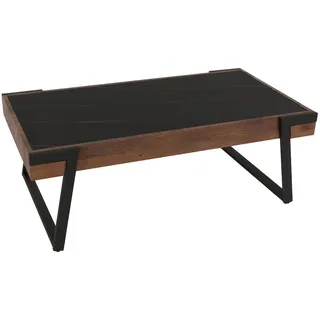 Mendler Couchtisch HWC-L89, Sofatisch Wohnzimmertisch, Eisen 43x120x64cm Sinterstein Marmor-Optik schwarz Holz dunkelbraun