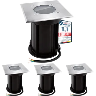 linovum BOQU 4er Set Bodeneinbauleuchte für GU10 - Bodenleuchte außen IP67 befahrbar in eckig gebürstet, Anschlusskabel 230V