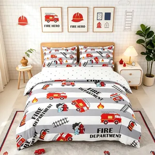 Homemissing Kinder Feuerwehr Drucken Bettwäsche Set 135x200cm für Jungen Mädchen Feuerwehrmaschine Bettbezug Set Feuerwehr Werkzeuge Dekor Bettwäsche-Set Raum Dekor Ultra Weich 2 Stück