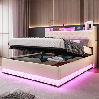 Flieks Polsterbett 160x200cm mit USB, Stauraumbett Doppelbett mit Lattenrost und LED, Hydraulisches Boxspringbett Jugendbett, Leinen, Beige - Beige