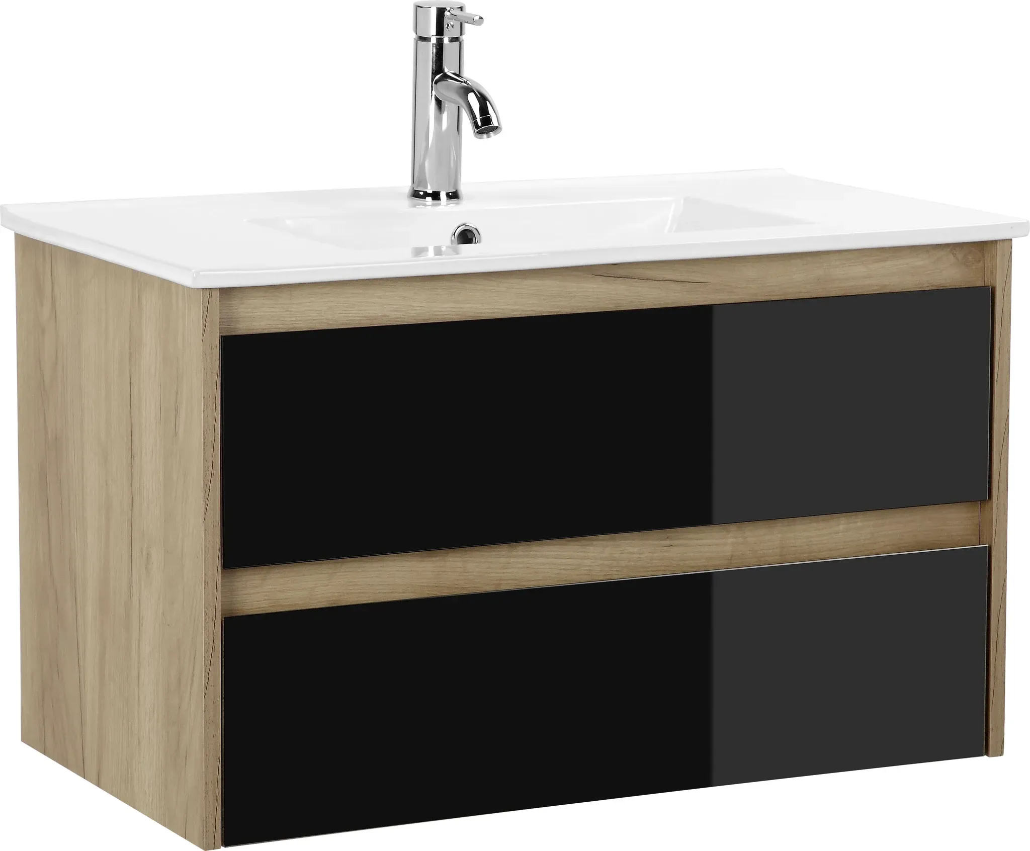 Bild von Waschtisch »Torun Badezimmerschrank Unterschrank mit Glasfronten und Softclose«, Waschplatz mit 2 Schubladen und Waschbecken Breite 80 cm, schwarz