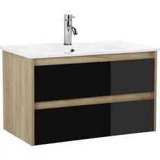 Bild von Waschtisch »Torun Badezimmerschrank Unterschrank mit Glasfronten und Softclose«, Waschplatz mit 2 Schubladen und Waschbecken Breite 80 cm, schwarz