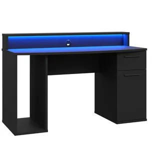 Furniture24 Gaming Tisch Ayo Desk Schreibtisch Computertisch mit Kabeldurchführung Tür und Schublade Schwarz matt RGB Led Beleuchtung - Schwarz