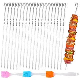 HonQiShiMY 40 Stück Edelstahl Grillspieße 28cm, Grill Kabob Spieße, Lange Grillspieße Kebab Spieße,Mit 3 Grillbürsten, Lange Spieße Schaschlikspieße Fleischspieße, für Lagerfeuer Oder Grillschale