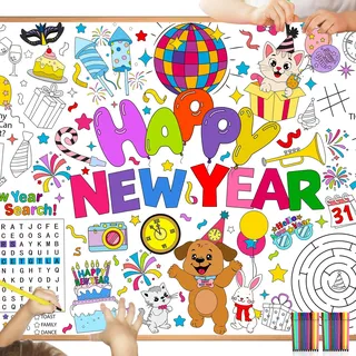 HOWAF Papier-Tischdecke zum Ausmalen Silvester Deko 2027, Happy New Year 2027 Ausmal-Tischdecke Frohes Neues Jahr Ausmaltischdecke Kinder tischdecke Silvester Basteln Kinder für Silvesterdeko Supplies