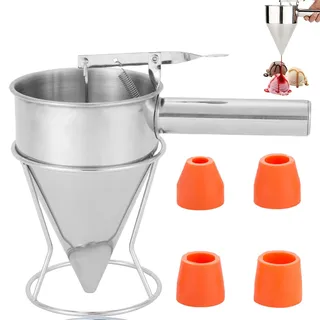 Teigspender Teigportionierer, 1200ml Pfannkuchen Teigspender Edelstahl Multi-Kaliber Backtrichter Kuchenspender mit Ständer & 4 Ersatzdüsen Batter Trichter-Spender Kolbentrichter Kochwerkzeuge