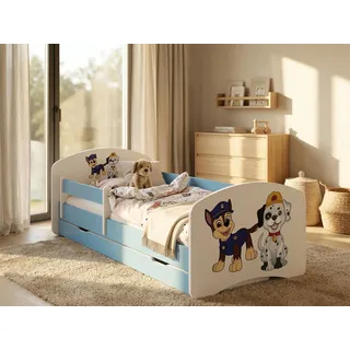Happy Babies Kinderbett mit Rausfallschutz Junge 140x70 Bett für Kinderzimmer mit Schublade Matratze Einzelbett für Kinder Blau Hundemotiv - Blau
