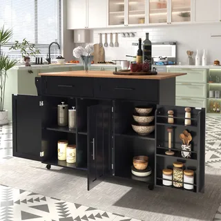 MODFU Kommode Sideboard mit faltbare Arbeitsplatte/Aufbewahrungstür-Design/Räder/Massivholzfüße umschaltbar, Schrank Buffet für Wohnzimmer, Schlafzimmer, Kinderzimmer, Jugendzimmer und Büro, Schwarz - Schwarz