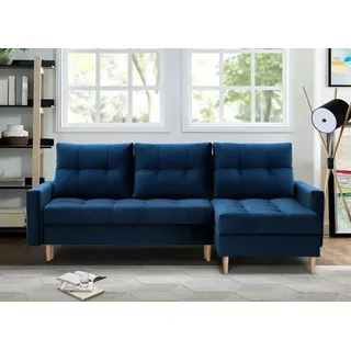 Ecksofa im Skandinavisches Stil mit universelle Ottomane HALANT mit Schlaffunktion (Marineblau, Velour) - Blau