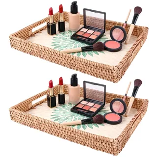 MIVIDE 2 Stück Größe Rattan Serviertablett Rechteckig, 35 x 27 x 5 cm Serviertablett mit Griff, Badezimmer Eitelkeit Tabletts, Natürliches Gewebtes Tablett für Lagerung, Dekorativ